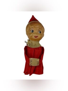 Vintage Red Felt Knee Hugger Pixie Elf Christmas Decor Rubber Face Japan